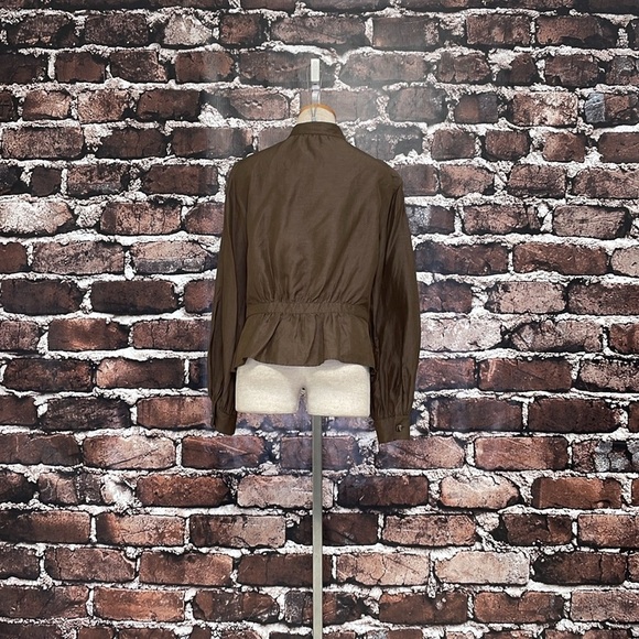 ESCADA Blouse Top Shirt Brown Linen Silk Button Front Tie Peplum Size Small - Picture 12 of 16